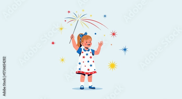 Obraz Cute girl celebrating with fireworks vector illustration, perfect for celebrations
