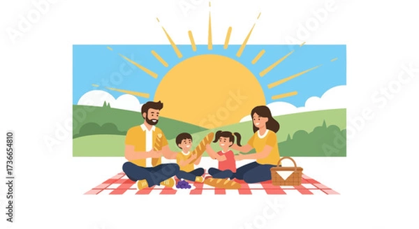 Fototapeta Family Picnic Scene With Bread and Sun, Creating a Cheerful Atmosphere Outdoors