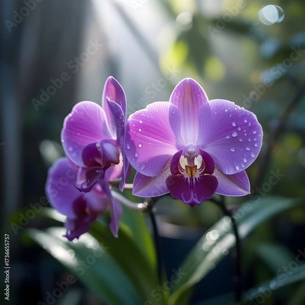 Fototapeta Closeup of a delicate purple orchid with water droplets on its petals, illuminated by soft sunlight