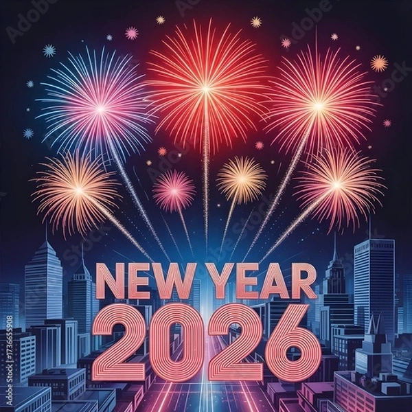Fototapeta Happy new year 2026 fireworks display over a city skyline, celebrating the start of the new year with a bang