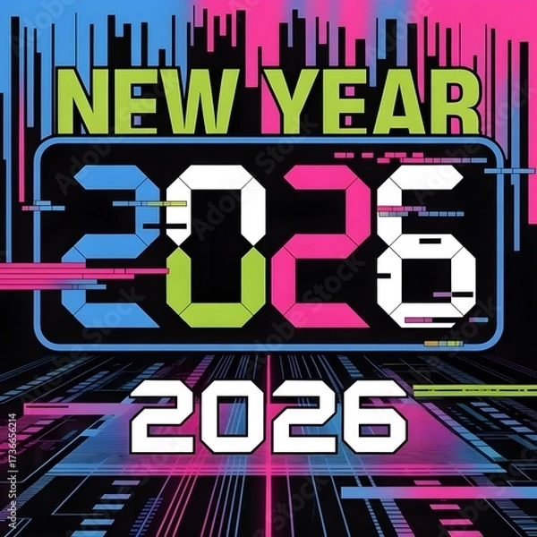 Fototapeta Happy new year 2026 futuristic digital glitch text with glowing neon lines and circuit board pattern background