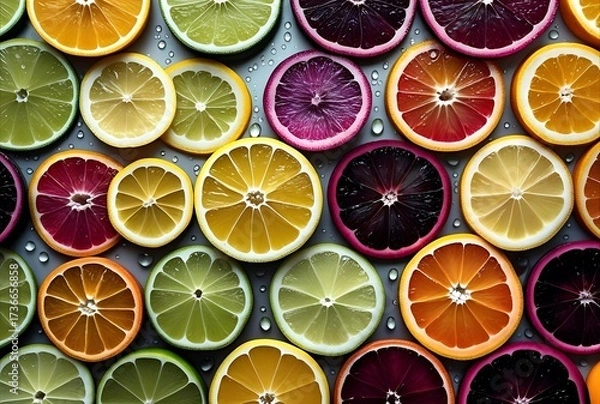 Fototapeta Background with mixed color citrus slices