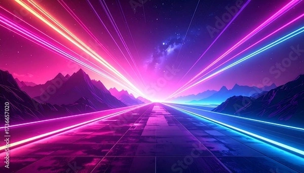 Obraz Futuristic highway with vibrant pink and blue neon light trails.