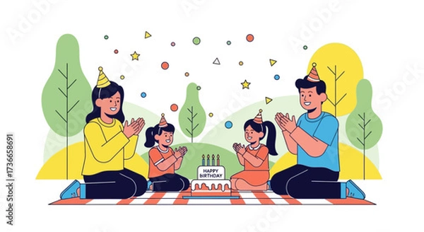 Obraz Family Celebration In A Park Setting With Birthday Cake Illustration