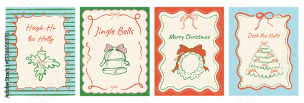 Fototapeta Vintage coquette greeting cards set for Christmas. Whimsical hand-drawn frames with delicate bows and ribbons. Templates for posters, banners, invitations