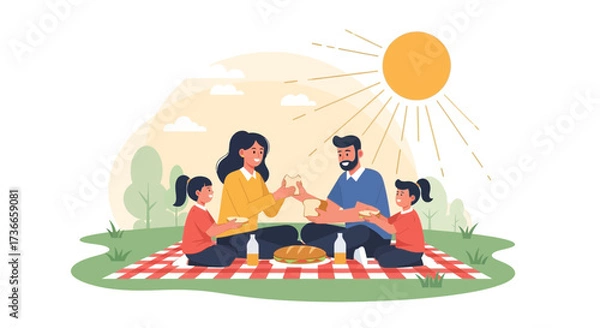 Fototapeta Family Enjoying Picnic Under Sun, Sharing Sandwiches On A Red And White Checked Blanket