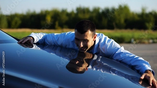 Fototapeta Successful smiling manager bought new electrical vehicle and hugging hood of auto. Happy young businessman in shirt enjoying modern electric automobile. Concept of buy or rent car. Slow motion