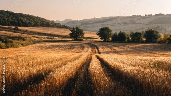 Fototapeta Golden wheat field with rural landscape and sunset shadows across rolling countryside hills
