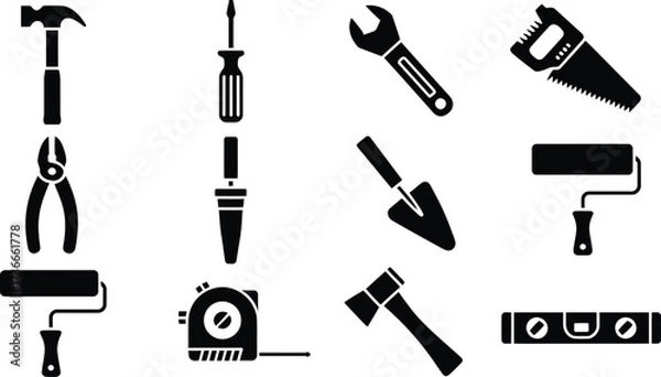 Obraz Collection of silhouetted hand tools and diy equipment for renovation and construction projects