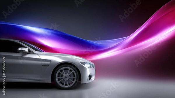 Fototapeta Stylish silver car with colorful light trails in the background