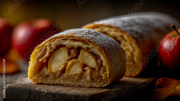 Fototapeta Traditional German apple strudel on a wooden board, red apples in the background, delicious autumn German strudel roll apple pie