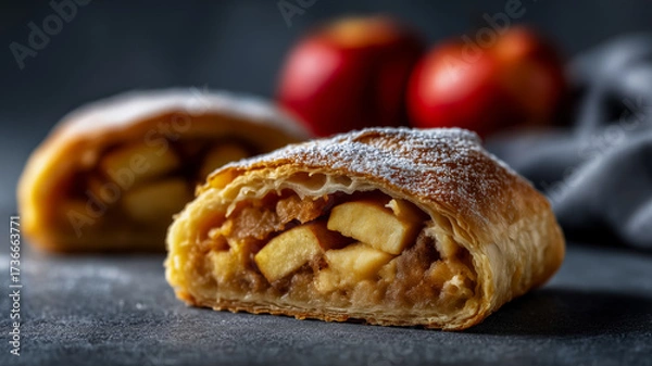 Fototapeta Apple strudel slices on a wooden board, red apples in the background, close-up of a delicious autumn German strudel roll or traditional apple pie