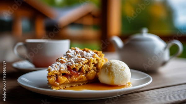 Fototapeta Apple pie with a scoop of ice cream on a plate, hot tea on the veranda table, traditional delicious autumn American apple pie