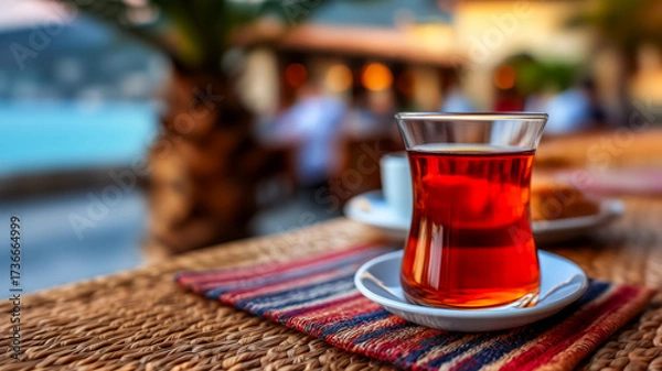 Fototapeta Close-up of a glass of hot red sweet Turkish tea on a table in a cafe on the bay, copy space about a delicious breakfast at a Turkish bistro