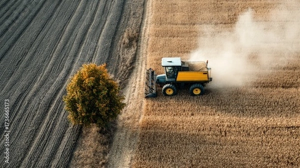 Fototapeta Yellow harvester cutting golden wheat with dust cloud and single tree on farmland landscape