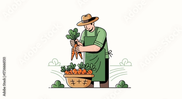 Fototapeta Farmer Harvesting Fresh Carrots From the Field in a Minimalist Illustration Style