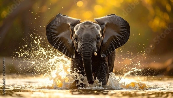 Obraz Powerful Elephant Crossing a River in Sunlight.