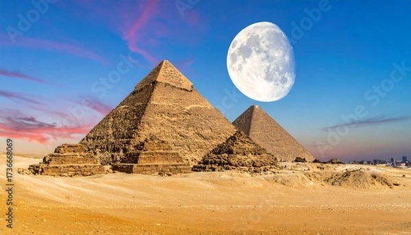 Obraz Pyramids of Giza under a full moon at sunset in the Egyptian desert.