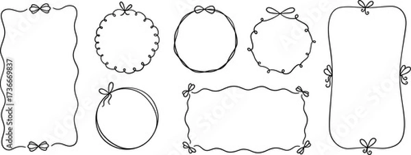 Fototapeta Bow circle and rectangle coquette frame set. Vintage lace ribbon round border. Hand drawn circle line bow frame. Doodle girly decorative border. Vector illustration isolated on white background.