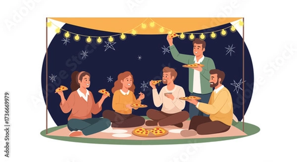Fototapeta Friends Gather To Enjoy Pizza Under Light Tent And Starry Night Sky Scene