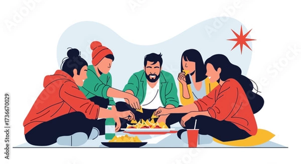 Fototapeta Friends Gathered Together Enjoying Snacks and A Cheerful Moment Of Togetherness