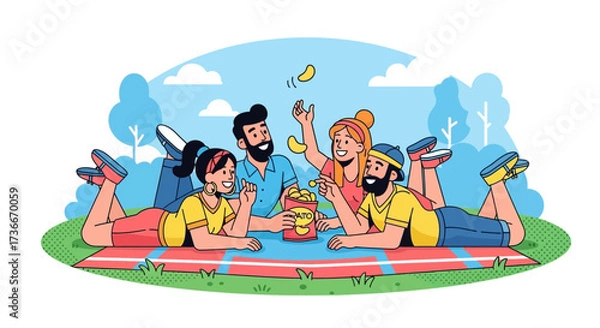 Fototapeta Happy Friends Enjoying a Picnic with Snacks and Laughter in a Vibrant Outdoor Scene