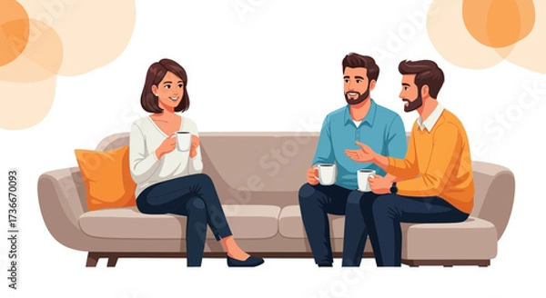 Fototapeta Friends Gathering Together Drinking Coffee While Relaxing On A Couch With Light Colors