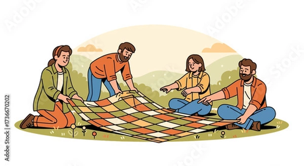 Fototapeta Friends Preparing a Picnic Blanket in a Park under a Blazing Sky, Ready for Fun