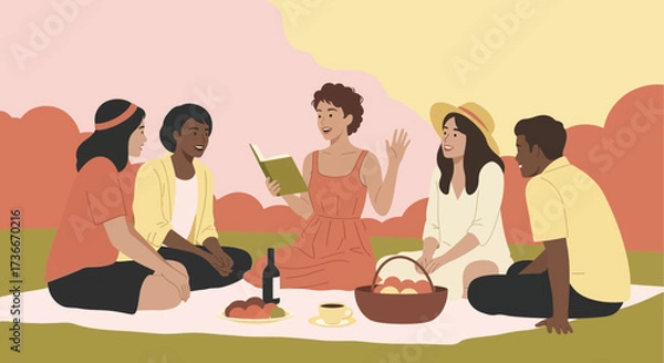 Fototapeta Friends Sharing Stories And Reading While Enjoying a Picnic Outdoors Together