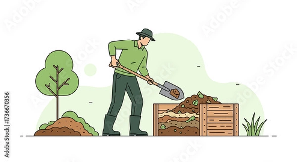 Fototapeta Gardener Composting Organic Matter Into Wooden Bin In A Simple Flat Illustration