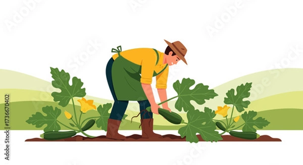 Fototapeta Gardener Harvesting Fresh Zucchinis From Garden Depicting Manual Labor and Cultivation