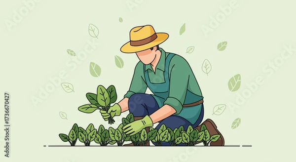Fototapeta Gardener Harvesting Organic Spinach from a Lush Garden with a Straw Hat and Apron