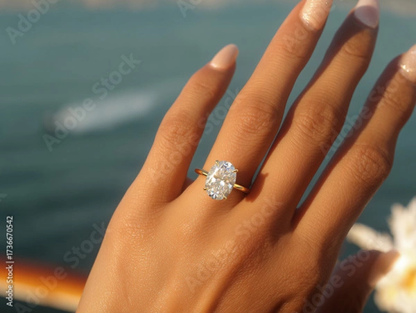 Fototapeta A close-up of a hand with a sparkling diamond engagement ring against a blurred ocean background.