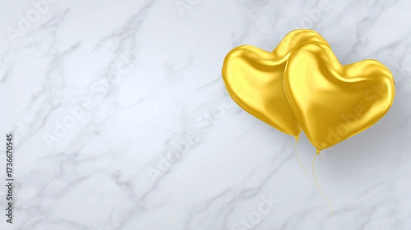 Fototapeta Two golden heart-shaped balloons floating against a white marble wall background.