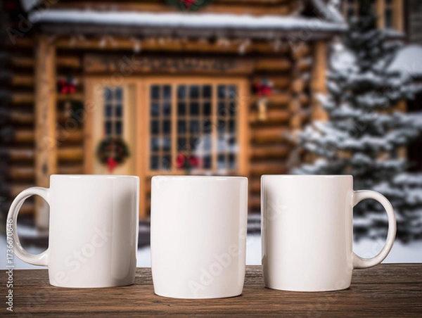 Fototapeta Three blank white mugs on a wooden table with a snowy log cabin decorated for Christmas in the background.