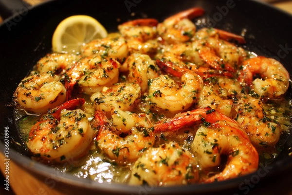 Fototapeta Close-up of sizzling garlic butter shrimp with herbs in a pan, garnished with a lemon slice.