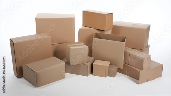 Fototapeta Stack of various sized brown cardboard boxes on a white background, ideal for shipping or moving concepts.