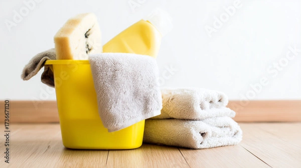 Fototapeta Yellow cleaning bucket with sponges, towels, and detergent placed on a wooden floor against a white wall.