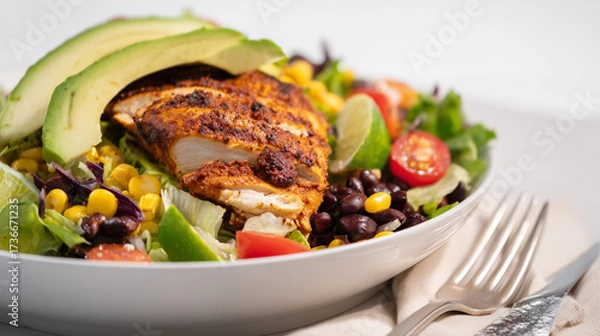 Fototapeta Close-up of a fresh salad with grilled spiced chicken, avocado, corn, black beans, and cherry tomatoes.