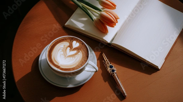 Fototapeta Cup of coffee with latte art, an open notebook, tulips, and a luxury pen on a wooden table in warm light.