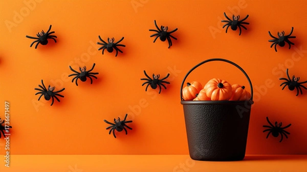 Fototapeta Halloween-themed background with black spiders on orange wall and a bucket filled with small pumpkins.