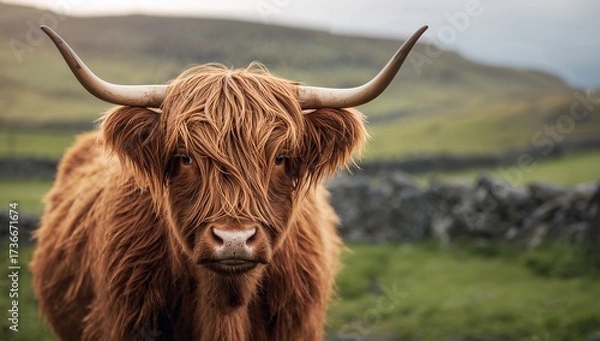 Fototapeta Majestic Highland cow with long curved horns standing in green pasture field