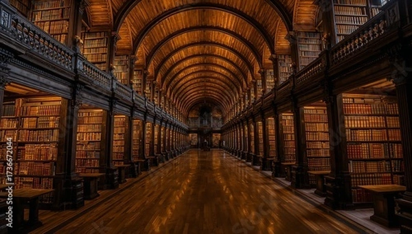 Fototapeta Wooden wine barrel tunnel with golden ambient lights creating warm rustic glow