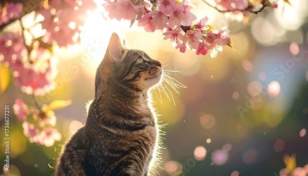 Obraz Tabby cat under cherry blossoms