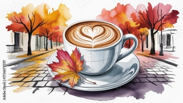 Fototapeta Stylized autumn coffee scene with vibrant trees, street view and latte art. Warm seasonal artwork for printable design, stationery or lifestyle-themed visuals.