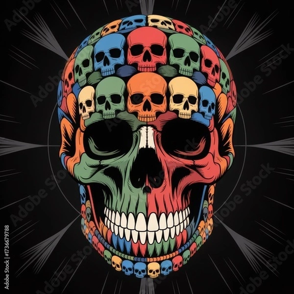 Fototapeta Colorful skull illustration composed of smaller vibrant skulls with radiant light beams. Surreal conceptual artwork exploring mortality, identity and psychedelic symmetry.