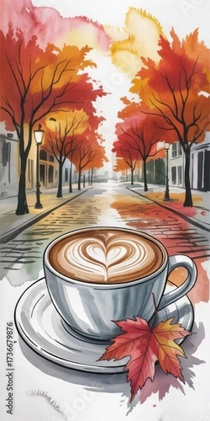 Fototapeta Fall cityscape with heart-shaped latte, autumn foliage and sketch-style buildings. Cozy urban illustration for seasonal projects, lifestyle branding or editorial content.