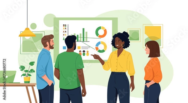 Fototapeta Illustration of a business presentation showcasing data analysis by a diverse team