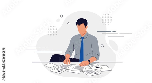 Fototapeta Illustration of a Businessman Analyzing Documents and Working in a Modern Office Setting