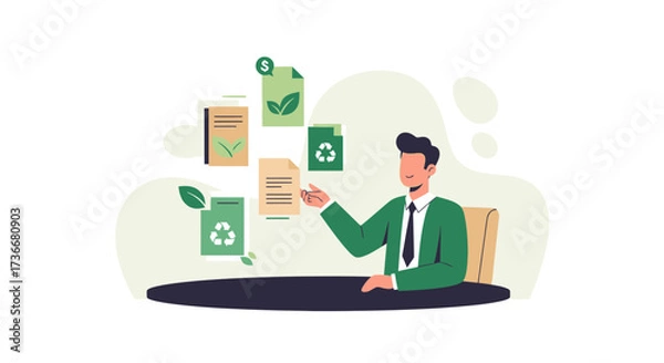 Fototapeta Illustration of a businessman analyzing documents related to environmental sustainability